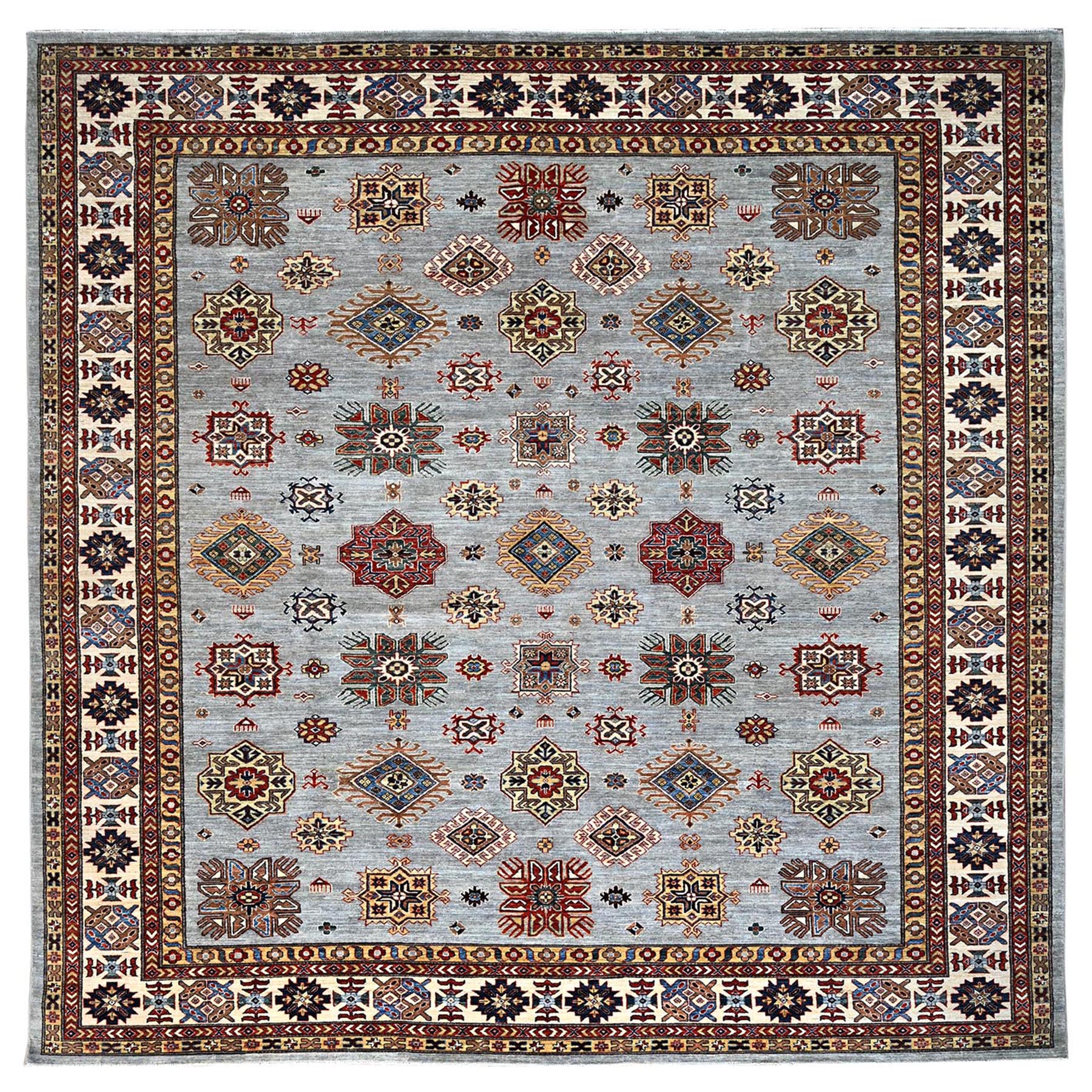 Nimbus Cloud Gray, Afghan Super Kazak with All Over Geometric Motifs, Natural Dyes, Hand Knotted, Organic Wool, Oriental Square Rug 